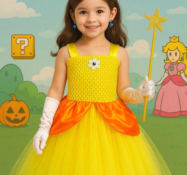 Princess Daisy Tutu Dress with Accessories – Crown Headband, Earrings, Wand and White Gloves – Girls Yellow & Orange Costume – Sizes 12M-14T