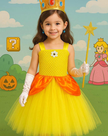 Princess Daisy Tutu Dress with Accessories – Crown Headband, Earrings, Wand and White Gloves – Girls Yellow & Orange Costume – Sizes 12M-14T