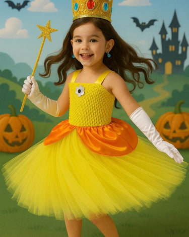 Princess Daisy Tutu Dress with Accessories – Crown Headband, Earrings, Wand and White Gloves – Girls Yellow & Orange Costume – Sizes 12M-14T
