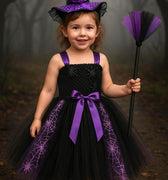 Spider Witch Tutu Dress Set: Girls Halloween Costume with Hat & Broom
