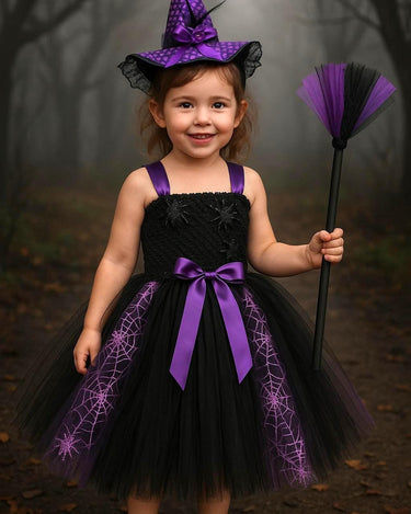 Spider Witch Tutu Dress Set: Girls Halloween Costume with Hat & Broom