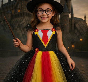 Harry Potter Inspired Tutu Dress | Wizard Costume with Hat, Wand & Glasses | Hogwarts Birthday and Halloween Outfit for Girls