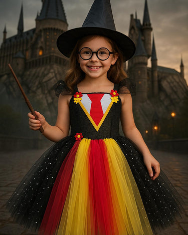 Harry Potter Inspired Tutu Dress | Wizard Costume with Hat, Wand & Glasses | Hogwarts Birthday and Halloween Outfit for Girls