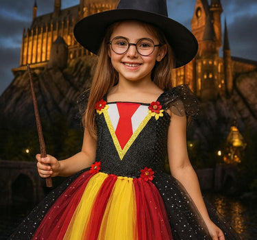 Harry Potter Inspired Tutu Dress | Wizard Costume with Hat, Wand & Glasses | Hogwarts Birthday and Halloween Outfit for Girls