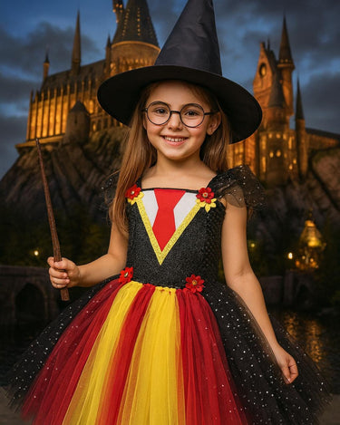 Harry Potter Inspired Tutu Dress | Wizard Costume with Hat, Wand & Glasses | Hogwarts Birthday and Halloween Outfit for Girls