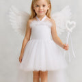 Angel Tutu Costume Set | Sparkly White Hi-Low Dress with Wings, Halo Headband & Heart Wand | Girls Christmas, Pageant and Halloween Outfit
