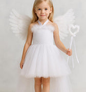 Angel Tutu Costume Set | Sparkly White Hi-Low Dress with Wings, Halo Headband & Heart Wand | Girls Christmas, Pageant and Halloween Outfit
