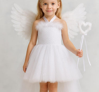 Angel Tutu Costume Set | Sparkly White Hi-Low Dress with Wings, Halo Headband & Heart Wand | Girls Christmas, Pageant and Halloween Outfit