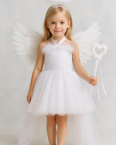 Angel Tutu Costume Set | Sparkly White Hi-Low Dress with Wings, Halo Headband & Heart Wand | Girls Christmas, Pageant and Halloween Outfit