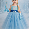 Elsa Princess Tutu Dress | Full Length Frozen Inspired Gown with Cape, Crown, Braid, Gloves and Wand | Girls Birthday and Halloween Costume