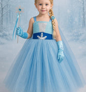 Elsa Princess Tutu Dress | Full Length Frozen Inspired Gown with Cape, Crown, Braid, Gloves and Wand | Girls Birthday and Halloween Costume