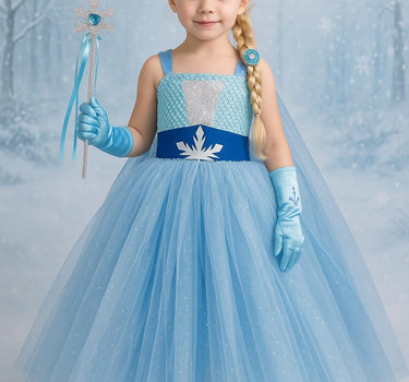 Elsa Princess Tutu Dress | Full Length Frozen Inspired Gown with Cape, Crown, Braid, Gloves and Wand | Girls Birthday and Halloween Costume