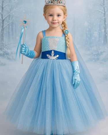 Elsa Princess Tutu Dress | Full Length Frozen Inspired Gown with Cape, Crown, Braid, Gloves and Wand | Girls Birthday and Halloween Costume