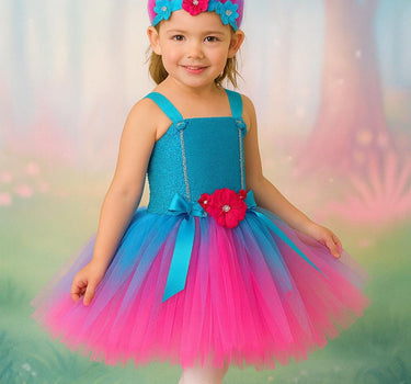 Trolls Inspired Tutu Dress | Poppy Costume with Matching Troll Hair Headband | Girls Birthday & Halloween Outfit