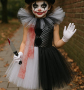 Kids Killer Clown Tutu Costume Set | Scary Circus Dress with Hat, Gloves, Knife Prop and Tights | Halloween Creepy Clown Girls Size 1-14