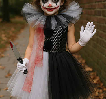 Kids Killer Clown Tutu Costume Set | Scary Circus Dress with Hat, Gloves, Knife Prop and Tights | Halloween Creepy Clown Girls Size 1-14