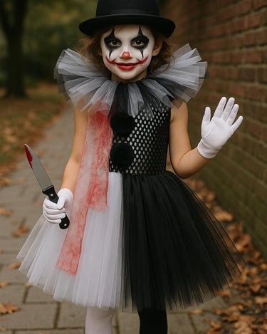 Kids Killer Clown Tutu Costume Set | Scary Circus Dress with Hat, Gloves, Knife Prop and Tights | Halloween Creepy Clown Girls Size 1-14