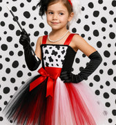 Cruella Inspired Tutu Dress Set | Girls Villain Costume with Gloves, Headband, Necklace and Holder | Birthday & Halloween Outfit