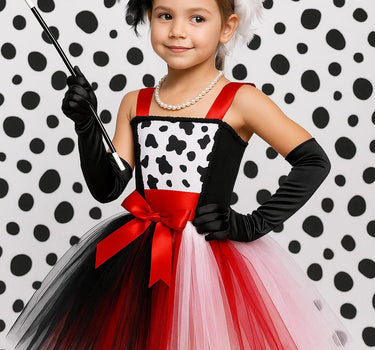 Cruella Inspired Tutu Dress Set | Girls Villain Costume with Gloves, Headband, Necklace and Holder | Birthday & Halloween Outfit