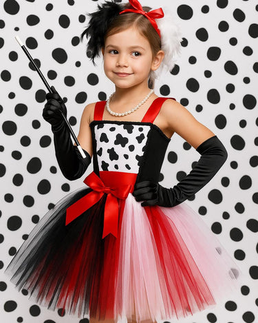Cruella Inspired Tutu Dress Set | Girls Villain Costume with Gloves, Headband, Necklace and Holder | Birthday & Halloween Outfit