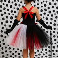 Cruella Inspired Tutu Dress Set | Girls Villain Costume with Gloves, Headband, Necklace and Holder | Birthday & Halloween Outfit