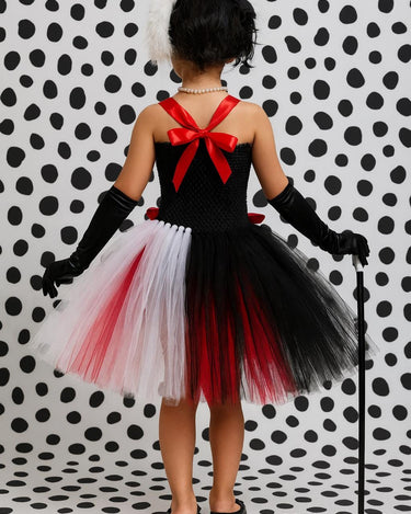 Cruella Inspired Tutu Dress Set | Girls Villain Costume with Gloves, Headband, Necklace and Holder | Birthday & Halloween Outfit