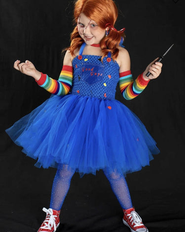Chucky Inspired Tutu Costume: Good Guys Dress, Socks, Arm Warmers & Knife Prop