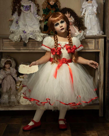 Annabelle Inspired Tutu Dress: Creepy Doll Halloween Costume with Red Bows