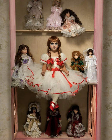 Annabelle Inspired Tutu Dress: Creepy Doll Halloween Costume with Red Bows