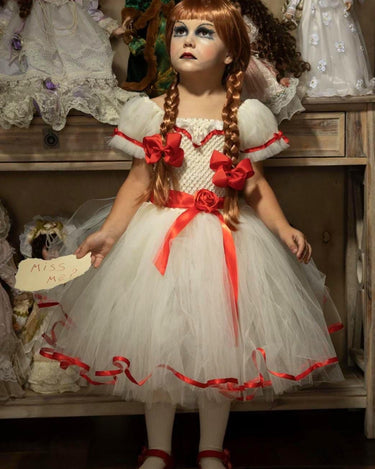 Annabelle Inspired Tutu Dress: Creepy Doll Halloween Costume with Red Bows