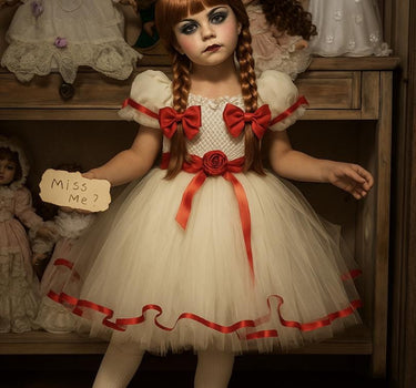 Annabelle Inspired Tutu Dress: Creepy Doll Halloween Costume with Red Bows