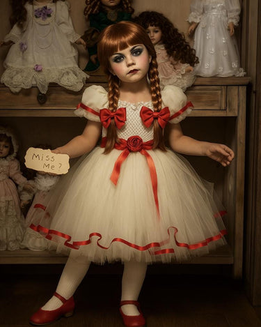 Annabelle Inspired Tutu Dress: Creepy Doll Halloween Costume with Red Bows