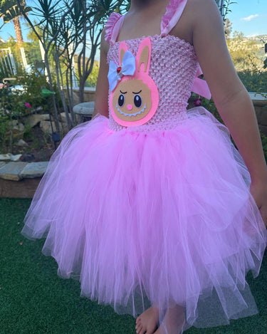 Labubu Tutu Dress with Ear Headband | Girls Pink Tulle Costume Birthday Outfit | Labubu Party Dress Halloween Cosplay Size 1T-14