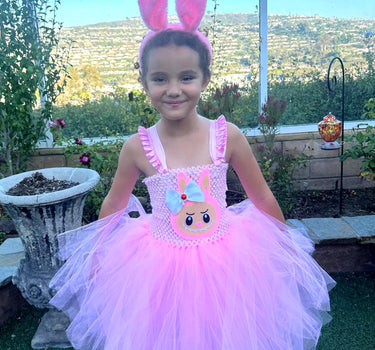 Labubu Tutu Dress with Ear Headband | Girls Pink Tulle Costume Birthday Outfit | Labubu Party Dress Halloween Cosplay Size 1T-14