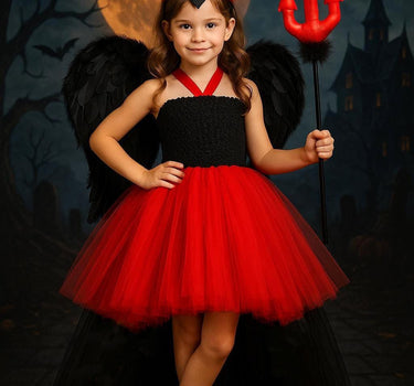 Kids Devil Costume: Hi-Low Tutu Dress with Wings & Horns