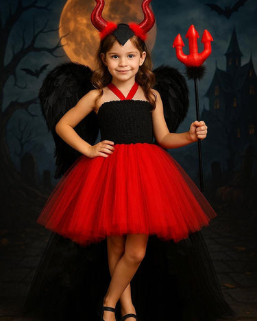 Kids Devil Costume: Hi-Low Tutu Dress with Wings & Horns