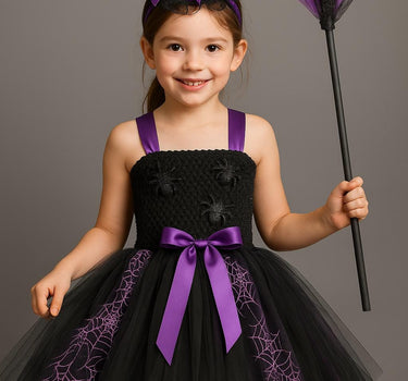 Spider Witch Tutu Dress Set: Girls Halloween Costume with Hat & Broom