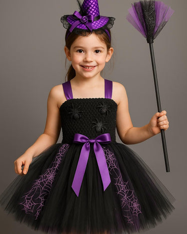 Spider Witch Tutu Dress Set: Girls Halloween Costume with Hat & Broom