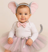 Elephant Tutu Costume for Girls & Babies – Pink Gray Tutu Skirt with Ears, Tail and Bowtie | Circus Animal Birthday Outfit | Sizes 3M–14T