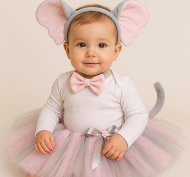 Elephant Tutu Costume for Girls & Babies – Pink Gray Tutu Skirt with Ears, Tail and Bowtie | Circus Animal Birthday Outfit | Sizes 3M–14T