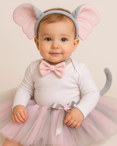 Elephant Tutu Costume for Girls & Babies – Pink Gray Tutu Skirt with Ears, Tail and Bowtie | Circus Animal Birthday Outfit | Sizes 3M–14T