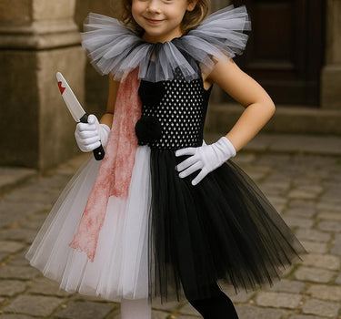 Kids Killer Clown Tutu Costume Set | Scary Circus Dress with Hat, Gloves, Knife Prop and Tights | Halloween Creepy Clown Girls Size 1-14