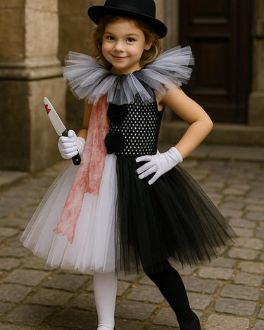 Kids Killer Clown Tutu Costume Set | Scary Circus Dress with Hat, Gloves, Knife Prop and Tights | Halloween Creepy Clown Girls Size 1-14