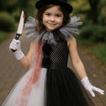 Kids Killer Clown Tutu Costume Set | Scary Circus Dress with Hat, Gloves, Knife Prop and Tights | Halloween Creepy Clown Girls Size 1-14