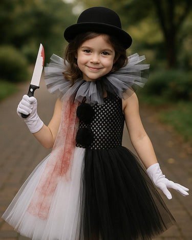 Kids Killer Clown Tutu Costume Set | Scary Circus Dress with Hat, Gloves, Knife Prop and Tights | Halloween Creepy Clown Girls Size 1-14