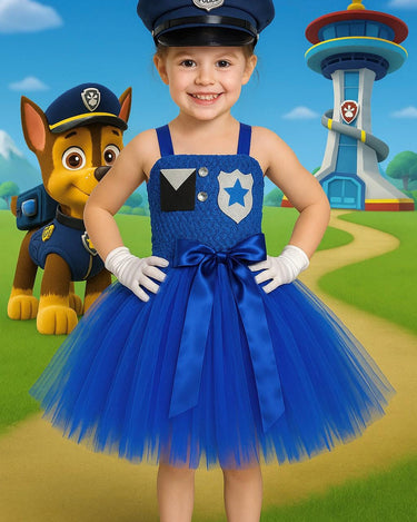 Girls Chase Patrol Tutu Dress with Police Hat & Gloves | Blue Police Officer Costume Birthday Outfit