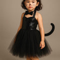 Girls Black Cat Tutu Dress with Sequins, Ears & Bowtie | Toddler Cat Costume Halloween Outfit Size 1-8