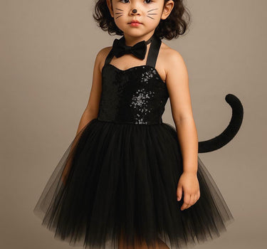 Girls Black Cat Tutu Dress with Sequins, Ears & Bowtie | Toddler Cat Costume Halloween Outfit Size 1-8