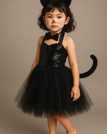 Girls Black Cat Tutu Dress with Sequins, Ears & Bowtie | Toddler Cat Costume Halloween Outfit Size 1-8