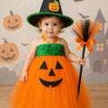 Pumpkin Tutu Dress with Witch Hat & Broomstick | Girls Jack O’ Lantern Halloween Costume | Toddler Pumpkin Dress Outfit